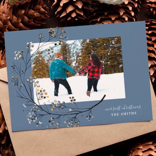 Cartes Pour Fêtes Annuelles Bio hiver naturel Bleu Joyeux Noël Photo (Créateur téléchargé)
