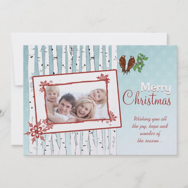 Cartes Pour Fêtes Annuelles Birch Trees & Flying Birds Red Joyeux Noël (Devant)