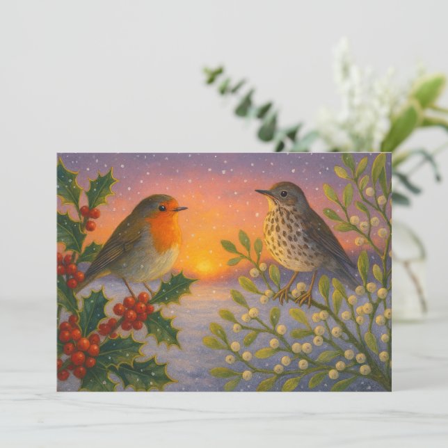 Cartes Pour Fêtes Annuelles Birds On Holly & Mistletoe At Snowy Winter Sunset (Debout devant)
