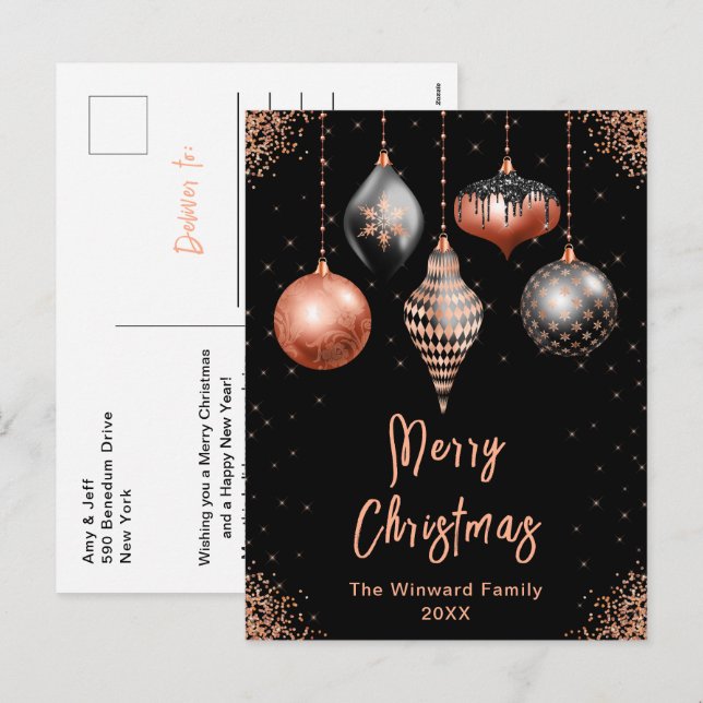 Cartes Pour Fêtes Annuelles Black and Rose Gold Ornaments Merry Christmas (Devant / Derrière)