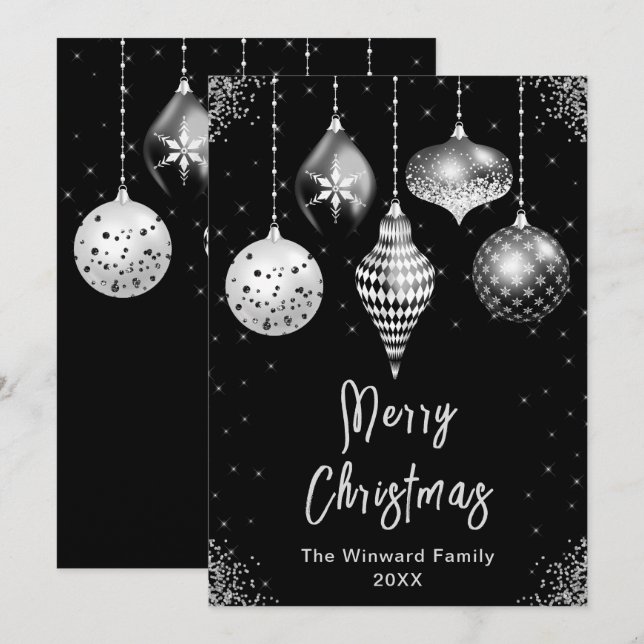 Cartes Pour Fêtes Annuelles Black and Silver Ornaments Merry Christmas (Devant / Derrière)