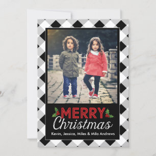 Cartes Pour Fêtes Annuelles Black and White Buffalo Plaid Christmas Photo Card