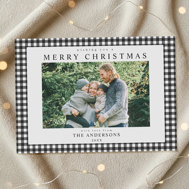Cartes Pour Fêtes Annuelles Black and White Gingham Christmas Photo (Créateur téléchargé)