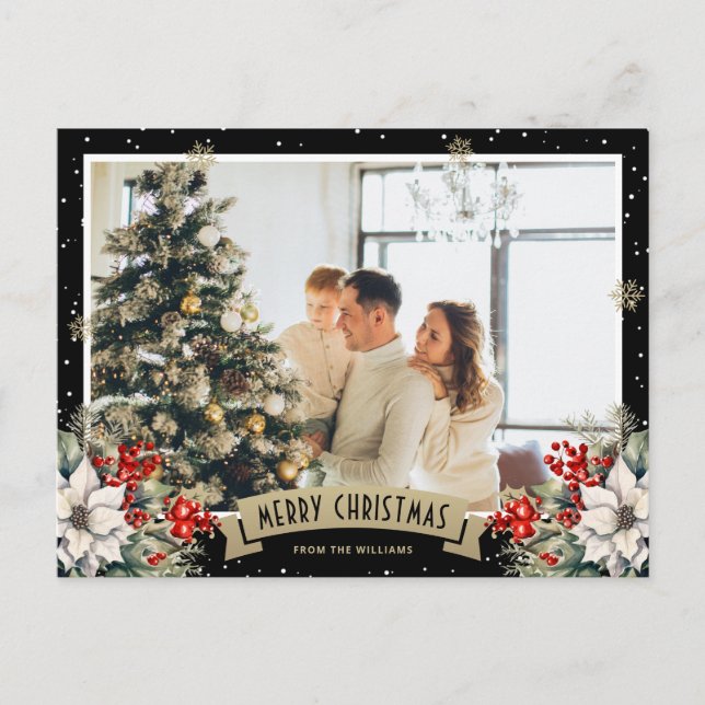Cartes Pour Fêtes Annuelles Black Botanical Snowflake Photo Christmas (Devant)