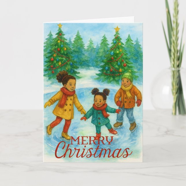 Cartes Pour Fêtes Annuelles Black Children Ice Skating Christmas Card (Devant)