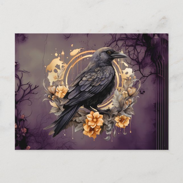 Cartes Pour Fêtes Annuelles Black Crow Gold Gris Fleurs Feuillage Halloween (Devant)