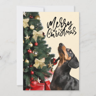 Cartes Pour Fêtes Annuelles Black Dachshund regarde vers Noël Arbre Noël Noël 