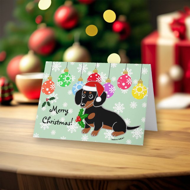 Cartes Pour Fêtes Annuelles Black et Tan Dachshund Père Noël (Black and Tan Dachshund Santa Design Christmas Cards for Dachshund Owners.  Cute Cartoon Style.)