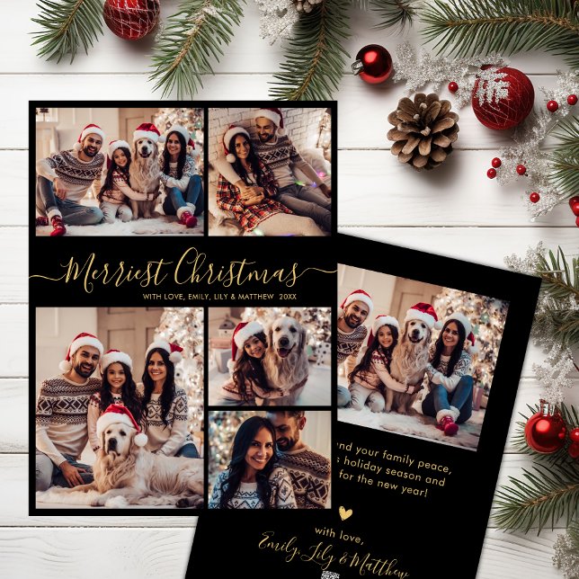 Cartes Pour Fêtes Annuelles Black Gold 5 Photo Collage plus joli Noël (Créateur téléchargé)