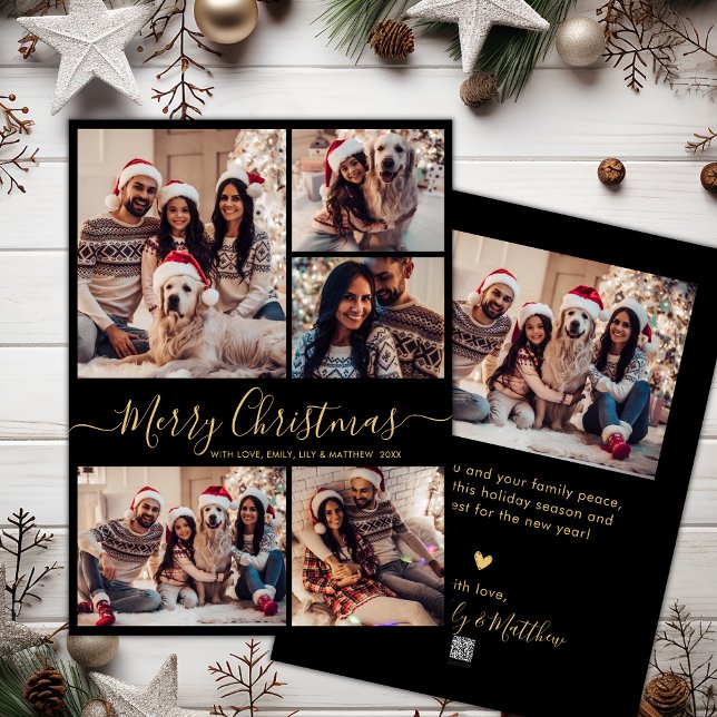 Cartes Pour Fêtes Annuelles Black Gold Elegant 5 Photo Collage Noël (Créateur téléchargé)
