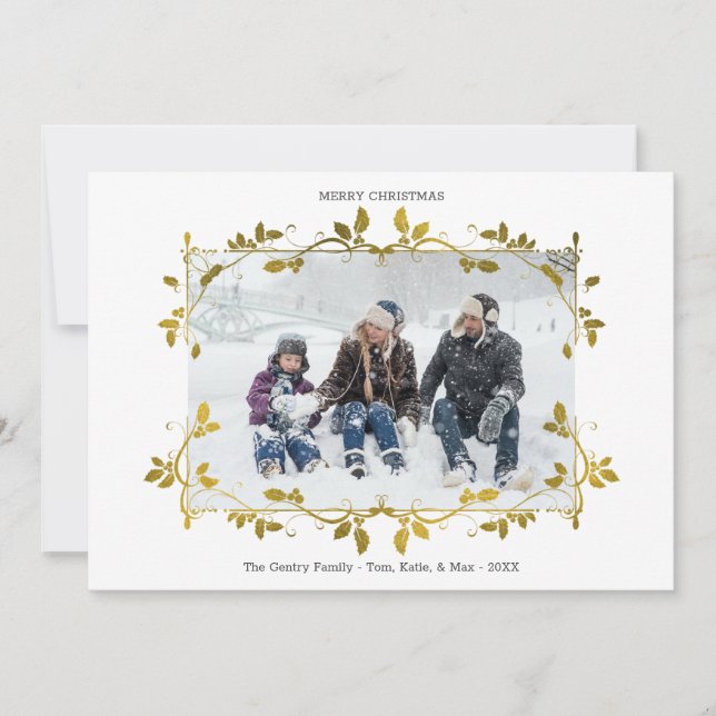 Cartes Pour Fêtes Annuelles Black Gold Foil Bordure Holly Photo simple (Devant)