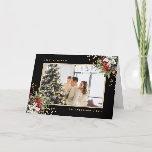 Cartes Pour Fêtes Annuelles Black Gold Holly Berries Poinsettia Photo (Devant)