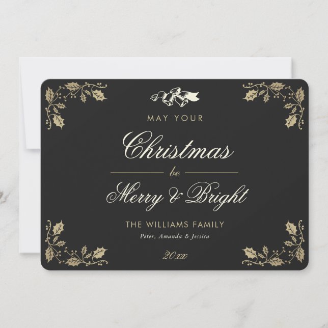 Cartes Pour Fêtes Annuelles Black Gold Merry et Bright Holiday Card (Devant)