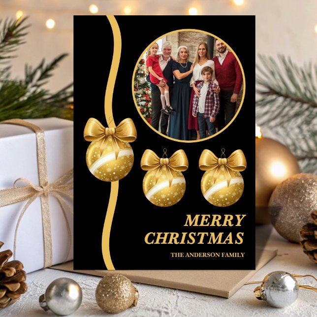 Cartes Pour Fêtes Annuelles Black & Gold Ornaments Family Christmas Photo (Créateur téléchargé)