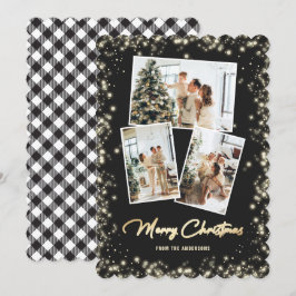 Cartes Pour Fêtes Annuelles Black Gold Plaid Photo Collage Joyeux Noël