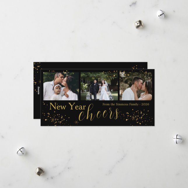 Cartes Pour Fêtes Annuelles Black Gold Trendy New Year Cheers Photo  (Devant/Arrière en situation)