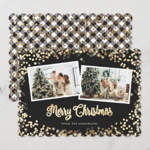 Cartes Pour Fêtes Annuelles Black Plaid Gold Noël Lumières magiques Photo