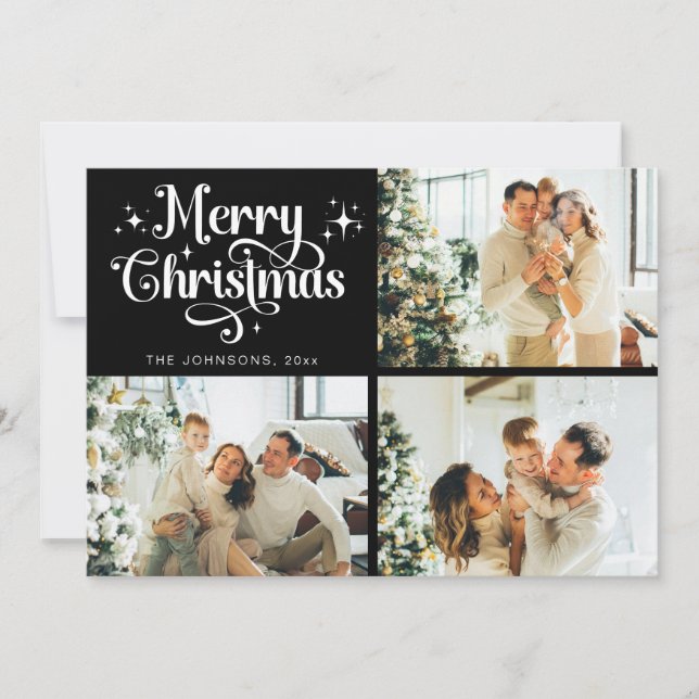 Cartes Pour Fêtes Annuelles Black Retro Joyeux Noël Famille Photo Collage (Devant)
