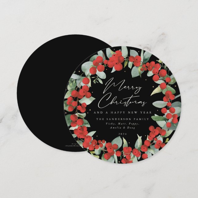 Cartes Pour Fêtes Annuelles Black Round Red Berry+Eucalyptus Christmas Wath (Devant / Derrière)