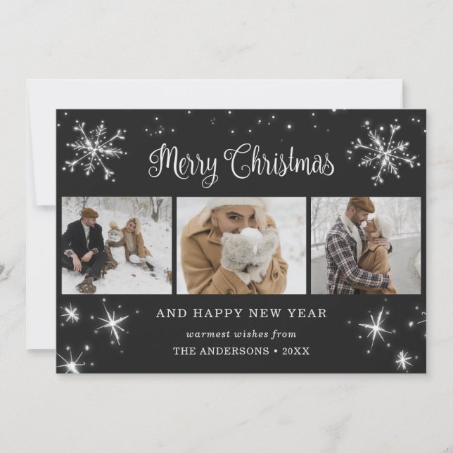Cartes Pour Fêtes Annuelles Black Silver Sparkly Snowflake Photo Collage (Devant)