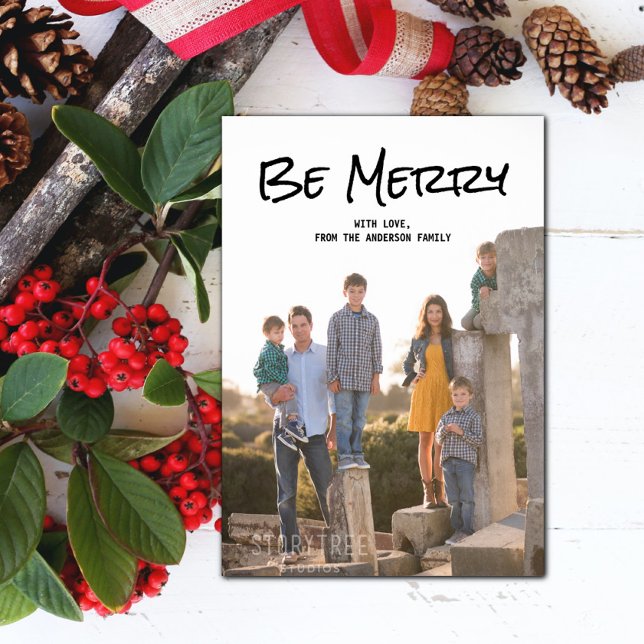 Cartes Pour Fêtes Annuelles Black Simple Script Be Merry Photo Flat Card (Black Simple Script Be Merry Holiday Photo Card)