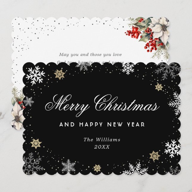 Cartes Pour Fêtes Annuelles Black Snowflake Watercolor Botanical  (Devant / Derrière)