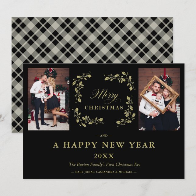 Cartes Pour Fêtes Annuelles Black Trend Elegant Chic Christmas 2 Photos Famill (Devant / Derrière)