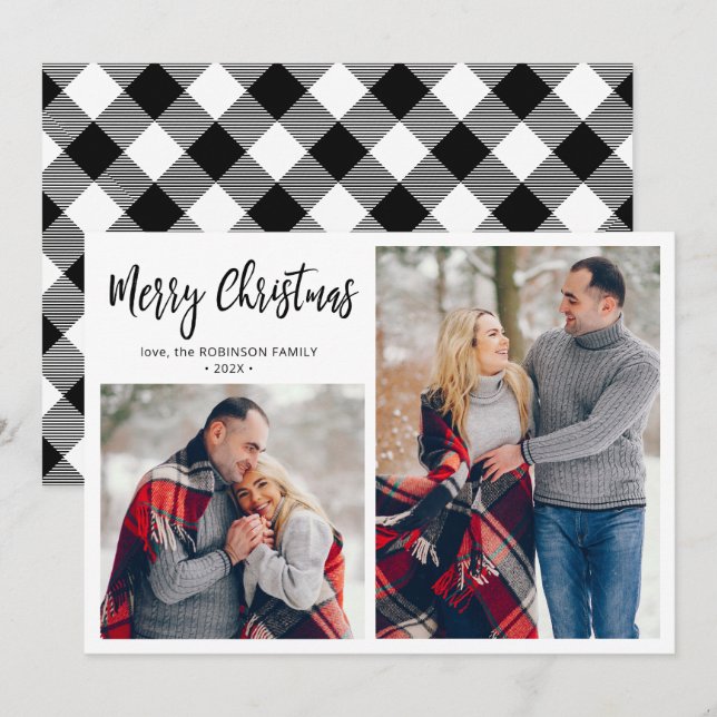 Cartes Pour Fêtes Annuelles Black White Plaid 2 Photo Collage Noël (Devant / Derrière)