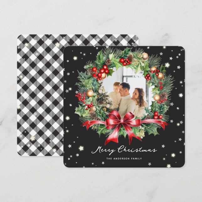 Cartes Pour Fêtes Annuelles Black White Plaid Wreath Photo Joyeux Noël (Devant / Derrière)