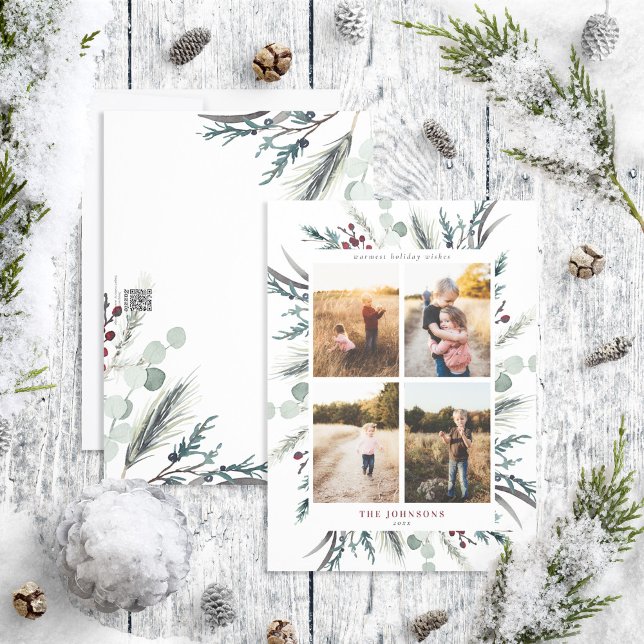 Cartes Pour Fêtes Annuelles Black Winter Botanical 4 Photo Holiday Card (Créateur téléchargé)