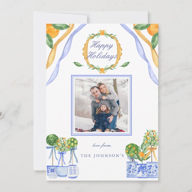 Cartes Pour Fêtes Annuelles Blanc bleu Chinoiserie Orange Photo Noël (Devant)