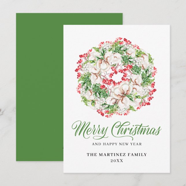 Cartes Pour Fêtes Annuelles Blanc classique Floral Rouge Berry Wreath Noël (Devant / Derrière)