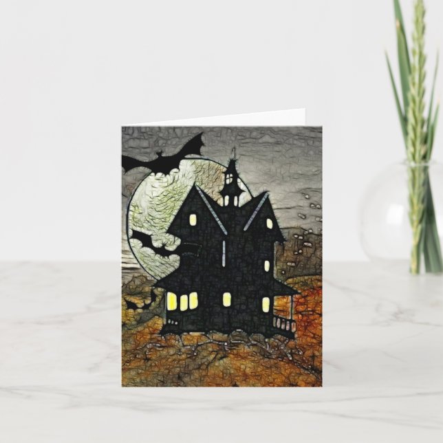 Cartes Pour Fêtes Annuelles BLANC hanté éffrayant d'art d'horreur de bâti (Devant)