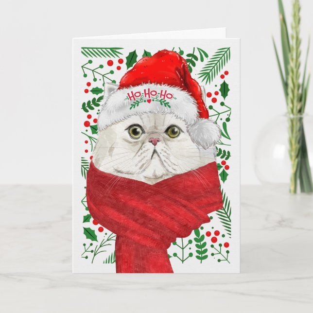 Cartes Pour Fêtes Annuelles Blanc Perisan Chat Santa Hat Meowy Noël (Devant)