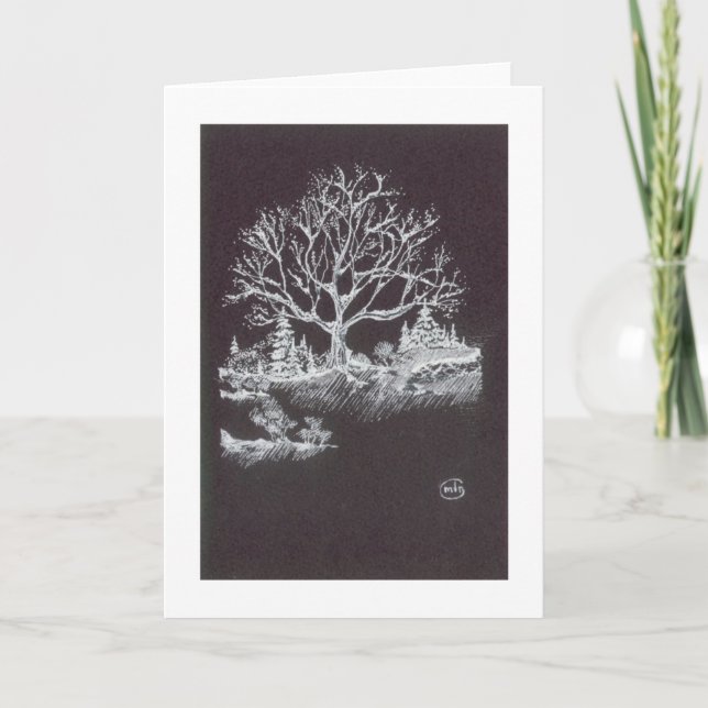 Cartes Pour Fêtes Annuelles Blanc sur le dessin noir de paysage d'hiver (Devant)