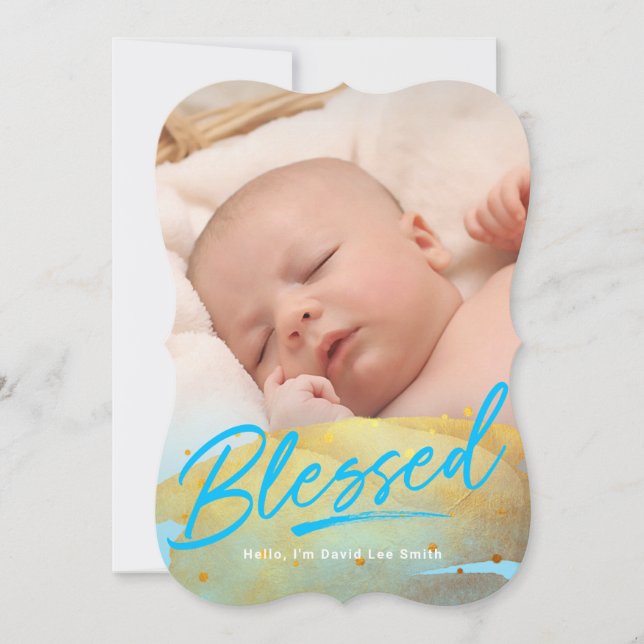Cartes Pour Fêtes Annuelles "Blessed" Gold Foil Photo Birth Announcement (Devant)