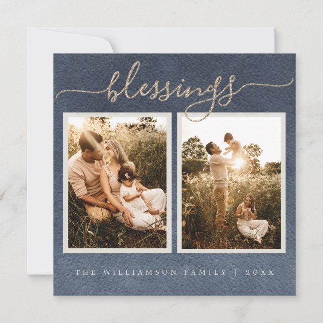 Cartes Pour Fêtes Annuelles Blessures d'or Bleu foncé Noël (Devant)