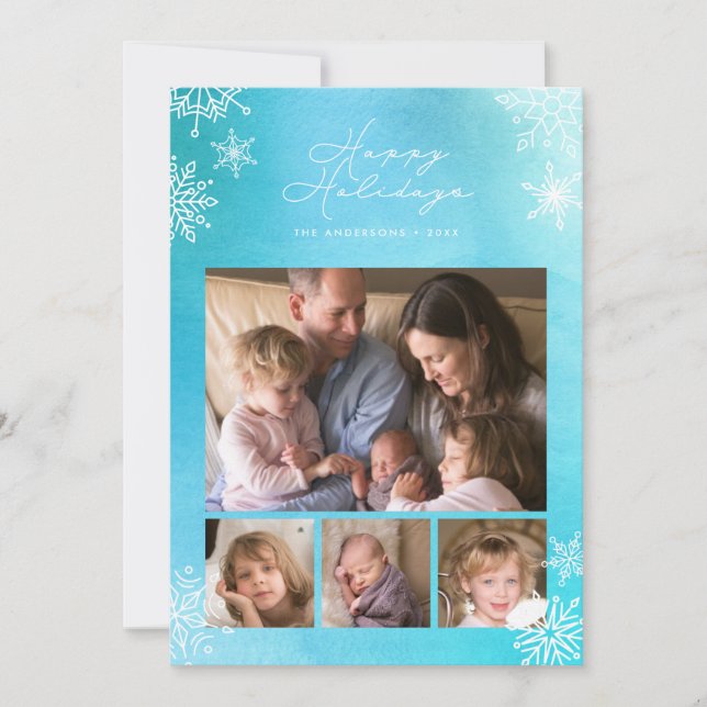 Cartes Pour Fêtes Annuelles Bleu Aquarelle Snowflakes Joyeuses vacances Photo (Devant)