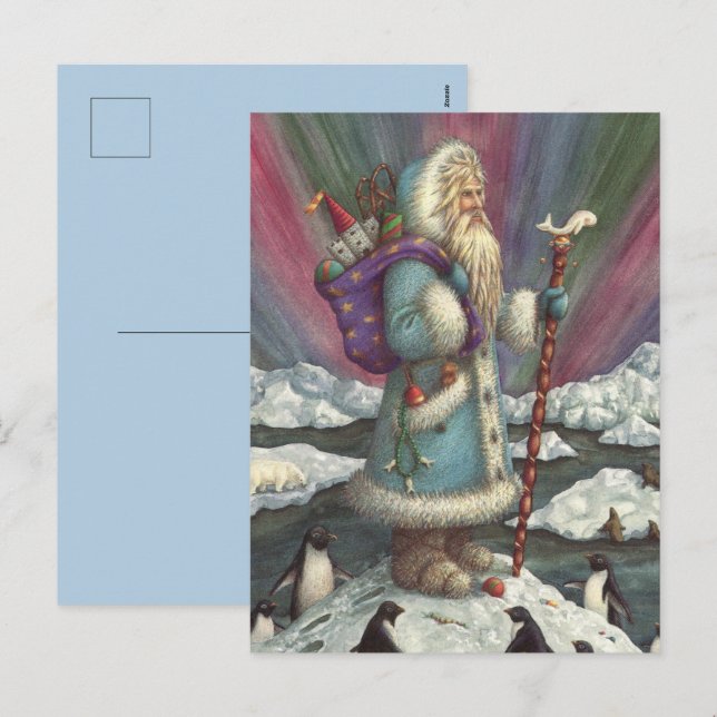 CARTES POUR FÊTES ANNUELLES BLEU BELSNICKLE, LUMIÈRES DU NORD & PENGUINS (Devant / Derrière)