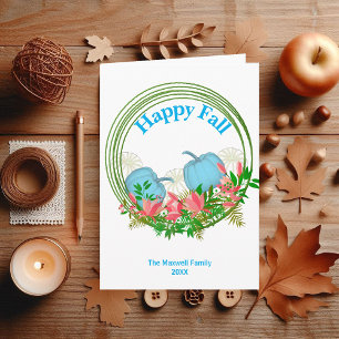 Cartes Pour Fêtes Annuelles Bleu blanc Citrouille Chute Wreath Verdure Floral
