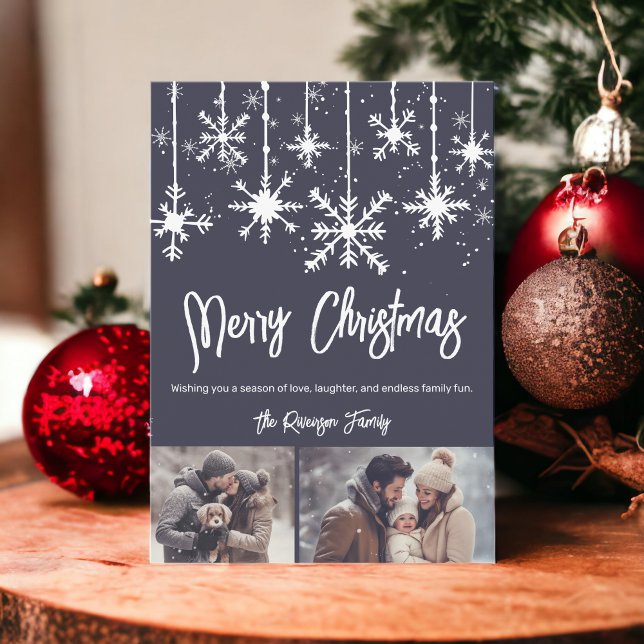 Cartes Pour Fêtes Annuelles Bleu blanc élégant bleu joyeux noël 2 photos (White snow elegant blue merry christmas 2 photos holiday card)