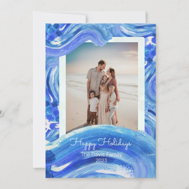 Cartes Pour Fêtes Annuelles Bleu Blanc Peinture Vague de Noël Famille Photo (Devant)