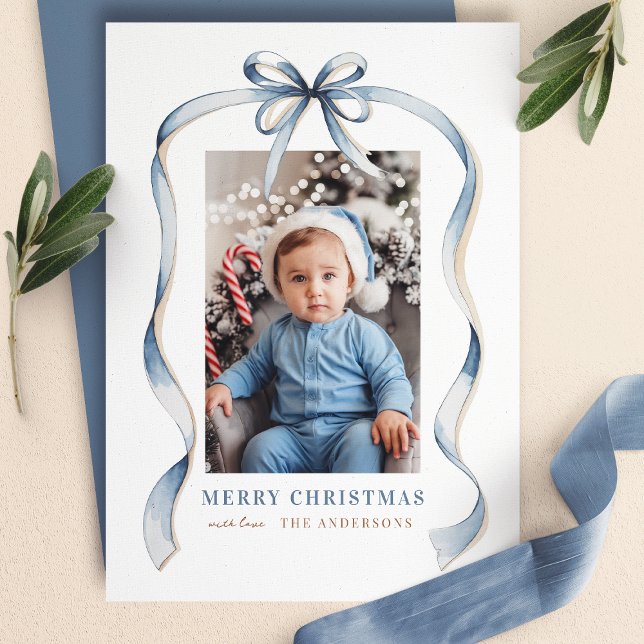 Cartes Pour Fêtes Annuelles Bleu Bow Wavy Ribbon Frame Joyeux Noël Photo (Créateur téléchargé)