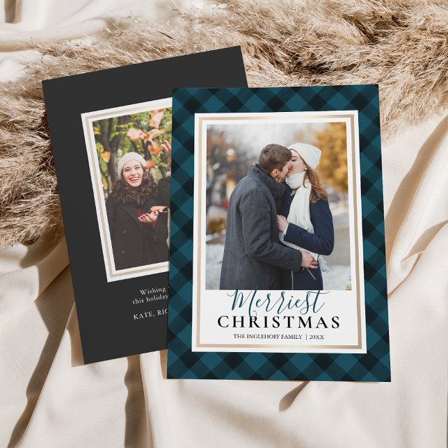 Cartes Pour Fêtes Annuelles Bleu Buffalo Plaid Merriest Photo de Noël (Créateur téléchargé)