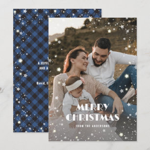 Cartes Pour Fêtes Annuelles Bleu Buffalo Plaid Neige Étoiles Photo Noël