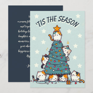 Cartes Pour Fêtes Annuelles Bleu 'C'est la saison chat calico arbre de Noël