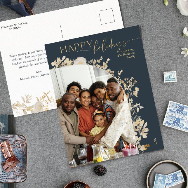 Cartes Pour Fêtes Annuelles Bleu & Chic Gold Happy Holidays Photo (Créateur téléchargé)