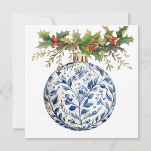 Cartes Pour Fêtes Annuelles Bleu Chinoisserie Ball Ornement avec Green Holly