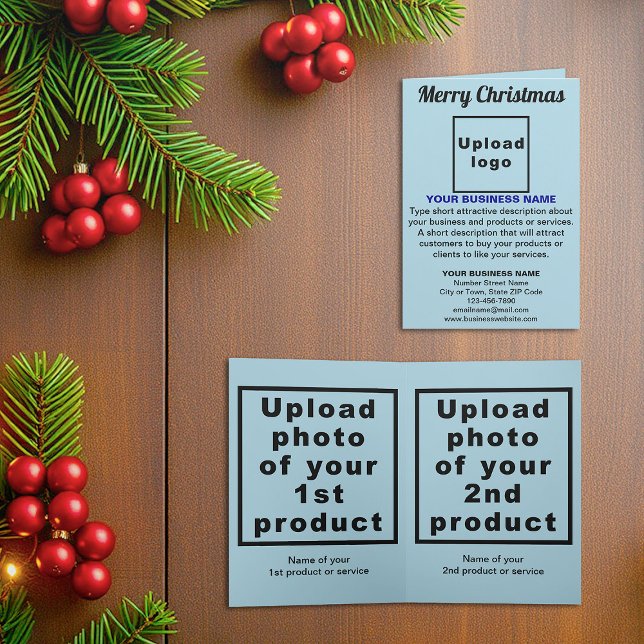 Cartes Pour Fêtes Annuelles Bleu clair | Noël | Entreprise | Plié (Light blue folded holiday card for Christmas with your business brand and products or services)