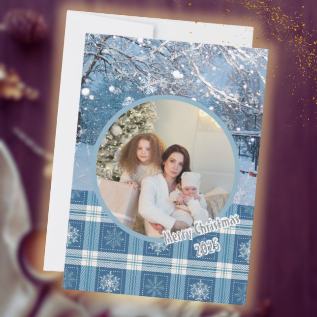 Cartes Pour Fêtes Annuelles Bleu Cosy Plaid Neige hiver photo Noël (Créateur téléchargé)